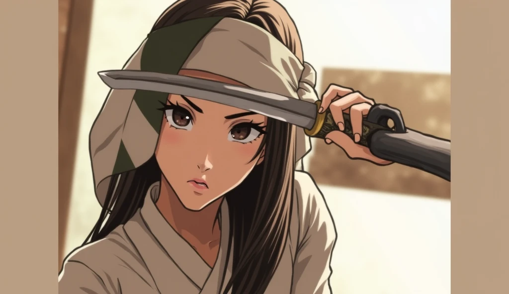 Japanese female assassin wearing a cloth mask and holding a katana beheading her enemy