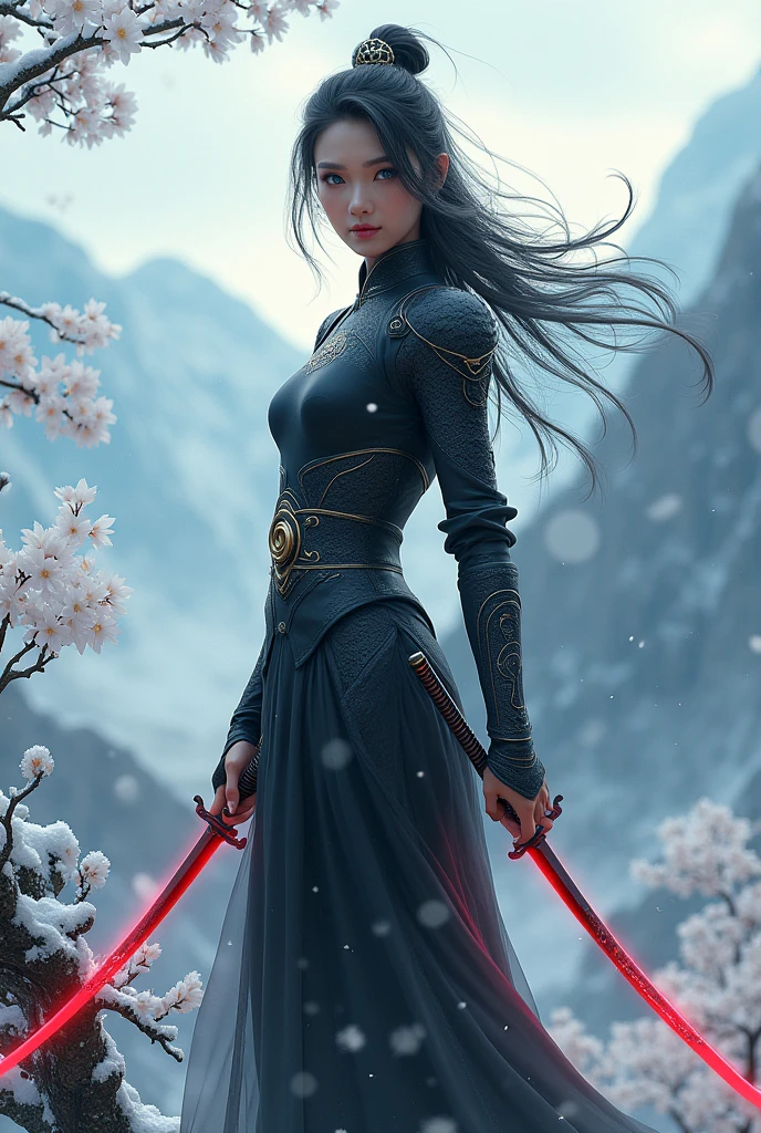 







(masterpiece, best quality, beauty, best ratio, best shadows,best Illustration, wallpaper size,1080×2400 pixels, detailed face, pastel colors)  china theme.
uhd, china female kungfu, korean beauty like tae yon, dancing, face fully visible, shining blue eyes, windblown hair, wear black mate full general armory with elegant swans emblem, hand holding dual sword emits red energy with a commanding presence, on top of the snowing sakura tree. morning sky snowing mountain, snow deer seen on far away. use the RenderMan renderer.digital art. High definition, high contrast,high color saturation,128k,cinematic lighting, intricate,cinematic advertising photograph,cinema lens, super high res.