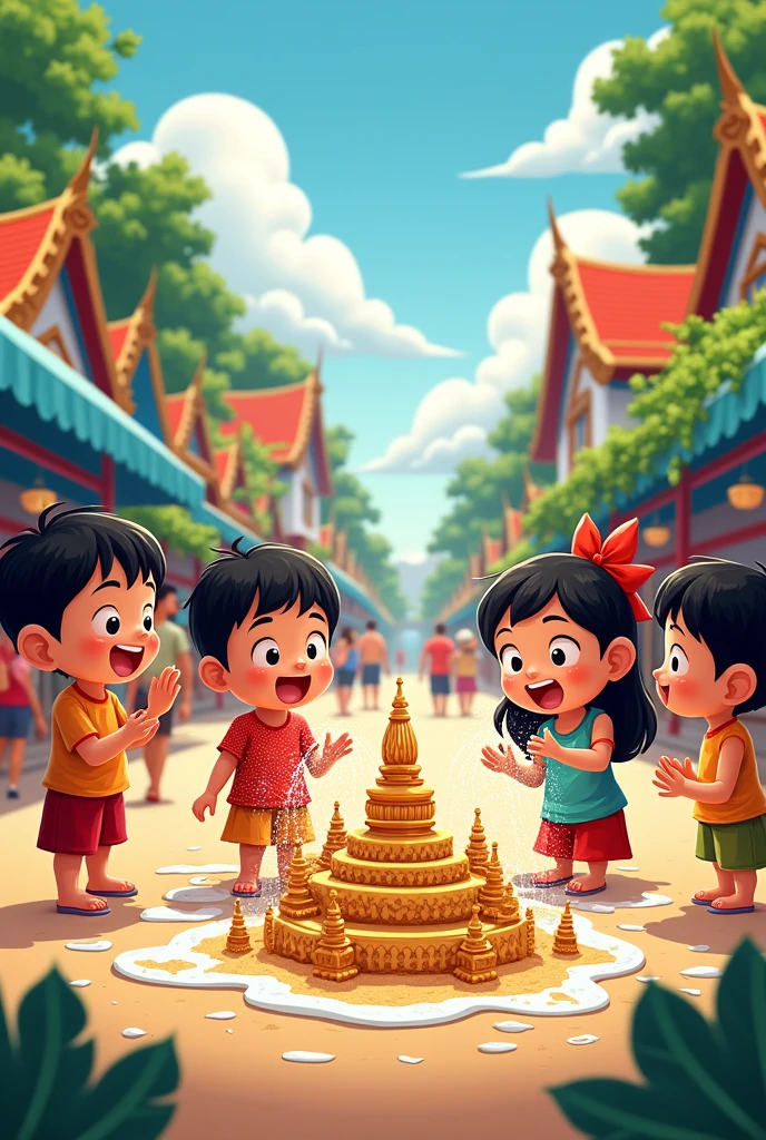 Songkran cartoon with children and adults playing with water and building sand pagodas.
