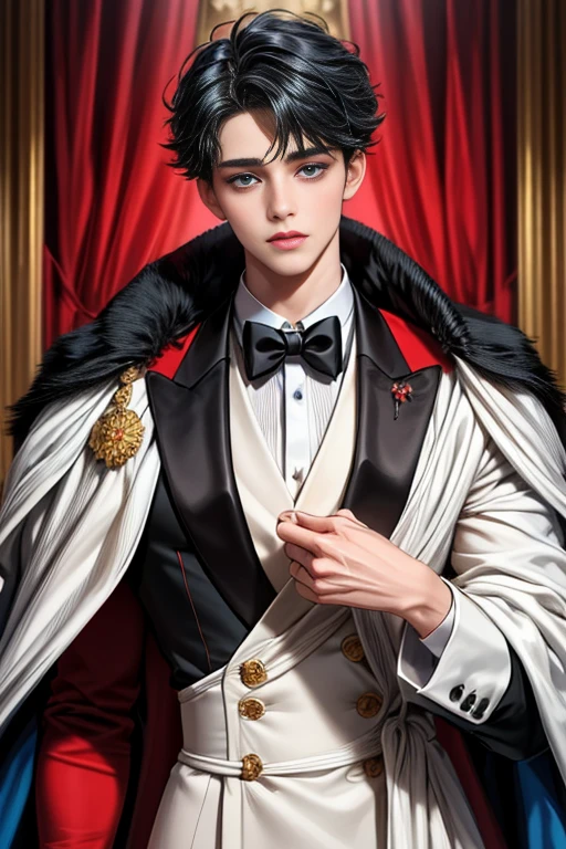 masterpiece, 最high quality, high quality, 1 boy, alone, Male focus, Upper Body,Watching the audience, Messy black hair, Adorable big blue eyes, White, Noble, Noble,A black and red cape that is bursting with sexy volume、Tuxedo、A very voluminous, large, very large, very large, long, long red and black cape with a high stand-up collar, made of a lot of fabric that reaches down to the floor., ,cute beautiful,Cute, cute, kind, handsome guy