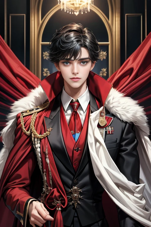 masterpiece, 最high quality, high quality, 1 boy, alone, Male focus, Upper Body,Watching the audience, Messy black hair, Adorable big blue eyes, White, Noble, Noble,A black and red cape that is bursting with sexy volume、Tuxedo、A very voluminous, large, very large, very large, long, long red and black cape with a high stand-up collar, made of a lot of fabric that reaches down to the floor., ,cute beautiful,Cute, cute, kind, handsome guy