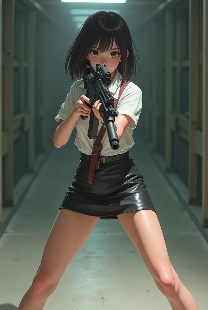 real beautiful sweet big eyes high school japanese white shirt latex low mini skirt standing stance legs open wide spreading full portrait holding rifle gun pointing at you front facing aiming at you shooting range sexy legs