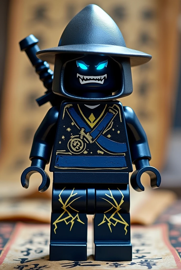 Créer moi un lego ninja go avec pas de muscles et ni de masque le premier maitre du spijisufuturiste de la dernière puissance fusionnaire et doit être en lego un ninja avec un chapeau de paille pointues et en rond en bleu foncé ultime avec un éclair et avec une peau violet foncé noir sombre et un regard terrible avec des yeux en éclair bleu avec une puissance incroyable avec comme puissance élémentaire l’électrique, l’énergie, la terre, le feu, la glace. Les habits du ninja doit être tout noir avec des traces grise bleu foncé et golden suprême avec des reure en forme d’électricité bleu clair et jaune brillant et des écritures japonaises et le parchemin antique sacré le plus puissant en golden. Un ninja imbattable monstrueux beaucoup trop puissant qui contrôle tous les pouvoirs élémentaires. Le ninjadoit être destructeur et soif de victoire un gentil et mechant avec un sabre dans le dos