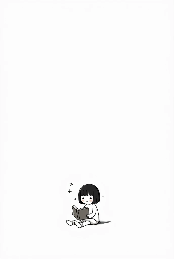 (Most of the background is solid white color.),Simple little cute cartoon girl, doodle, minimalist, black and white, sitting down, reading a book