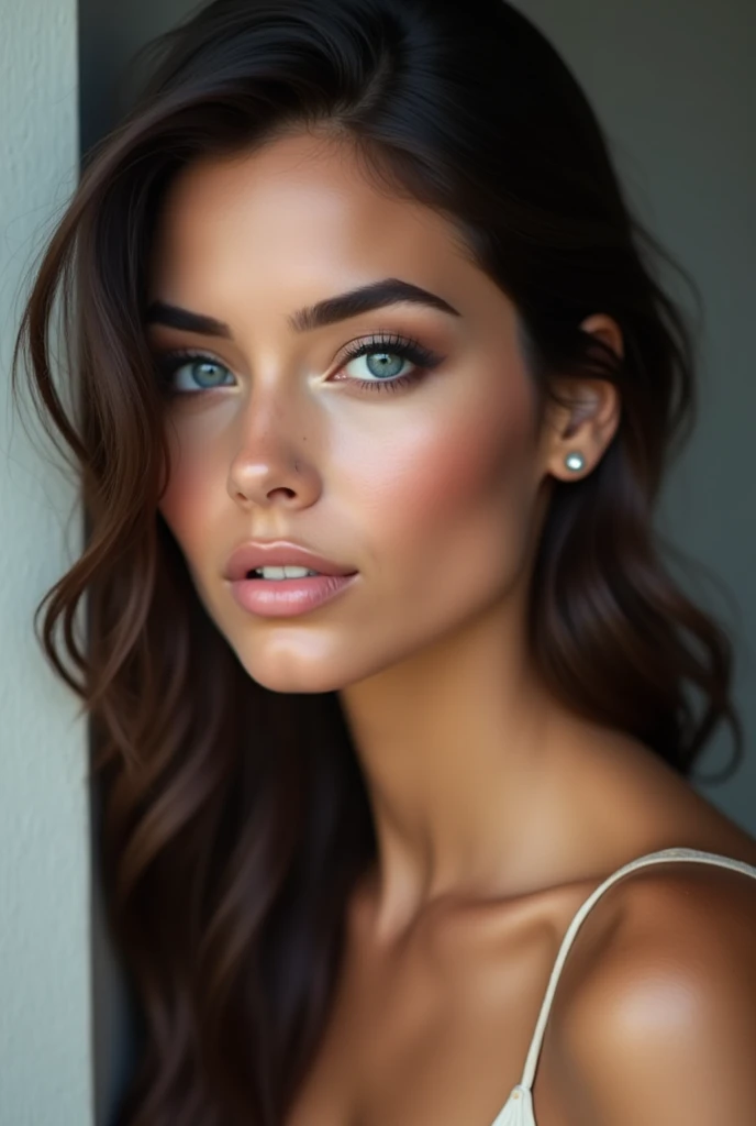 Brunette woman blue eyes blue quality 4k Latina type makeup