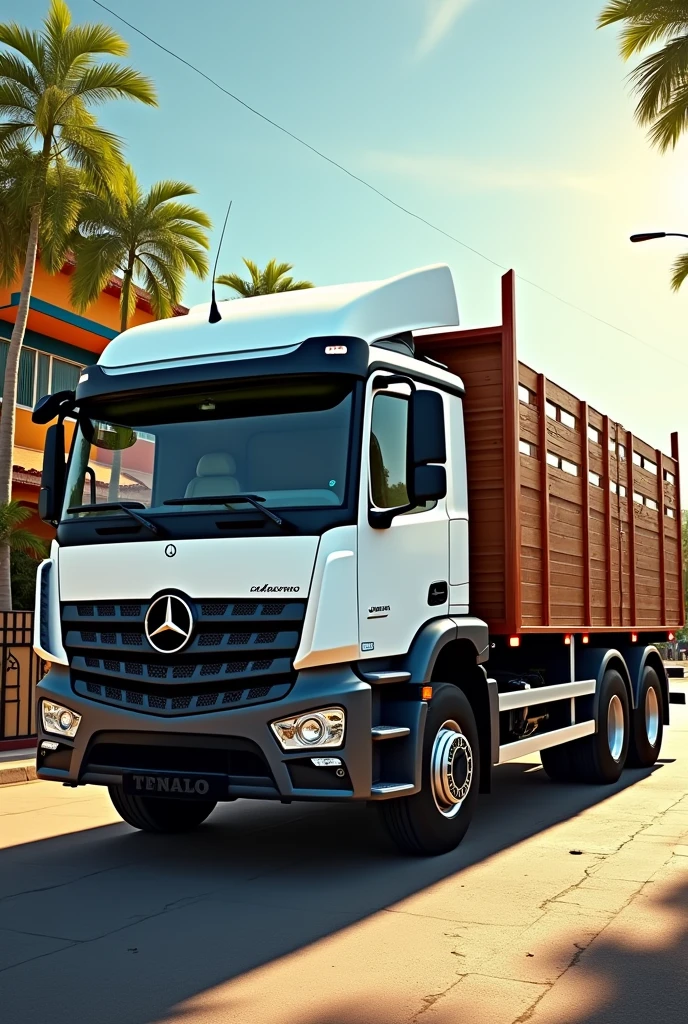 Make a picture of a white Mercedes Bens 710 truck, with open wooden body, year 2010 style Brazil
