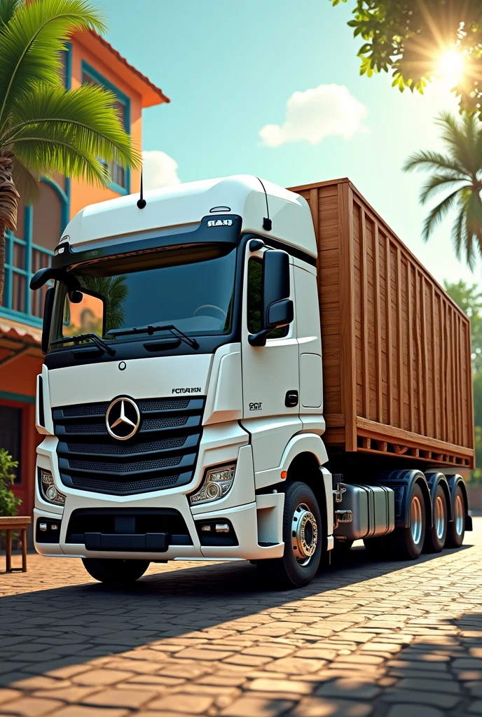 Make a picture of a white Mercedes Bens 710 truck, with open wooden body, year 2010 style Brazil