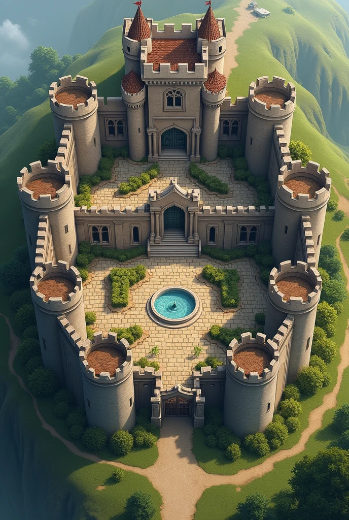 Castle Layout Overview
Castle Name: Castle Alderwyn
General Structure: Two concentric walls (outer and inner) with various rooms and courtyards.
Key Areas
Outer Wall
Gatehouse: Large wooden doors reinforced with iron.
Guard Towers: Two towers on either side of the gatehouse with archers.
Outer Courtyard: Space for training, stables, and merchant stalls.
Inner Wall
Inner Gate: Smaller but fortified entrance leading to the inner courtyard.
Inner Courtyard: A more decorative area with a fountain and gardens.
Watchtowers: Two towers at opposite corners for a better vantage point.
Great Hall
Located within the inner wall, this impressive room features:
High vaulted ceilings.
Long dining tables.
A large stone fireplace.
Tapestries depicting the castle’s history.
Additional Rooms
Throne Room: Adjacent to the great hall, housing the lord/lady's throne.
Kitchen: Large space for food preparation, with walk-in pantries.
Bedrooms: Several guest rooms, and the lord’s chamber with an attached study.
Armory: Storage for weapons and armor, located near the great hall.
Library: A quiet room filled with books and scrolls.
Defensive Features
Moat: Surrounds the outer wall, with a drawbridge connected to the gatehouse.
Ballistae and Catapults: Positioned on walls for defense against sieges.
Secret Passages: Hidden tunnels leading out from the inner courtyard.