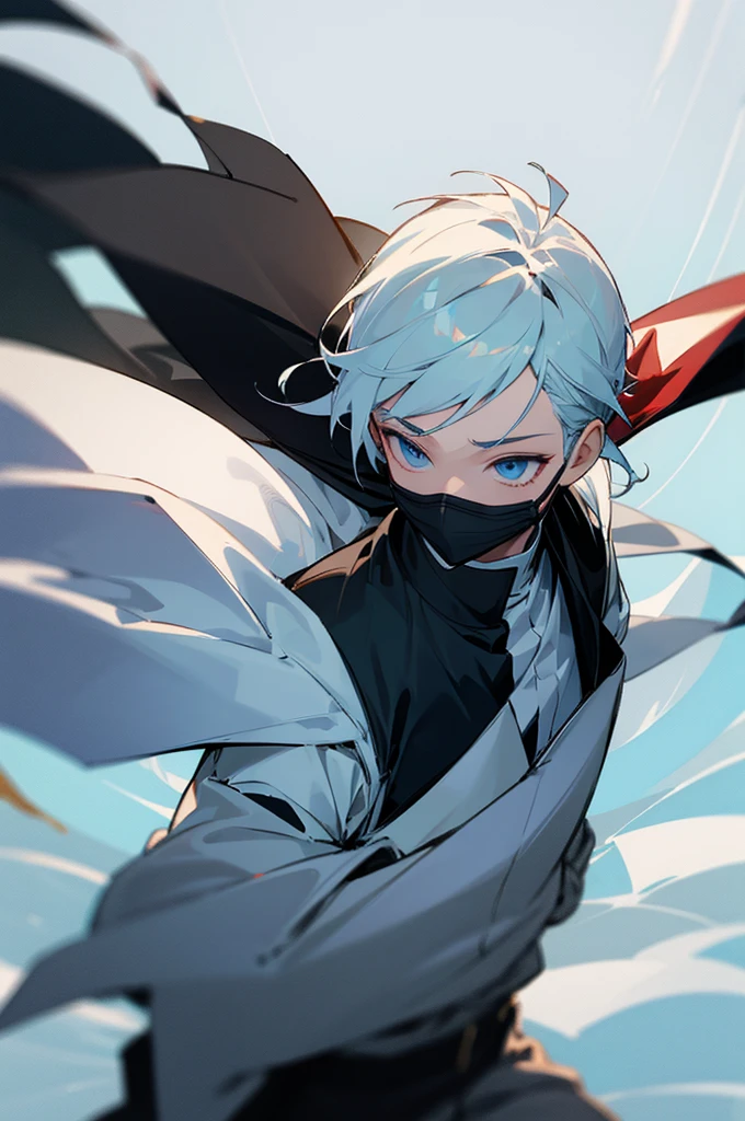 Wearing a mask that covers the whole face、Holding an iron fan in both hands、Dancing with ice、A priest boy about