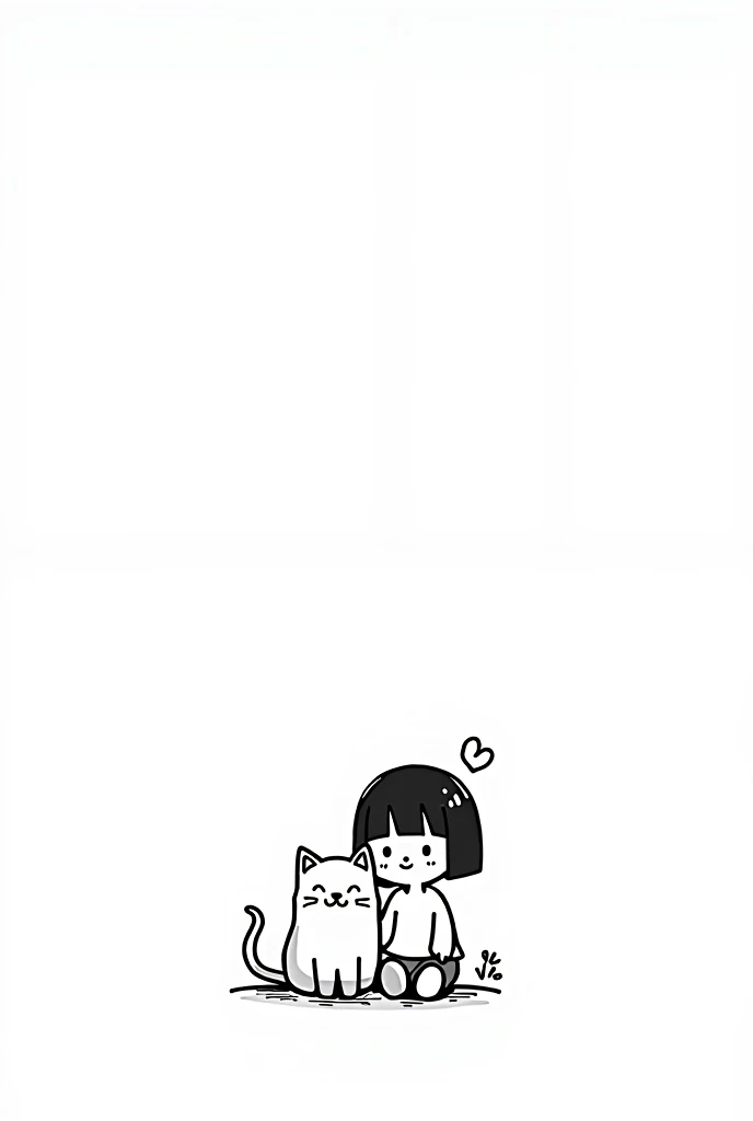 (Most of the background is solid white color.),doodle, minimalist, black and white, Simple little cute cartoon human girl, sitting down beside a cat