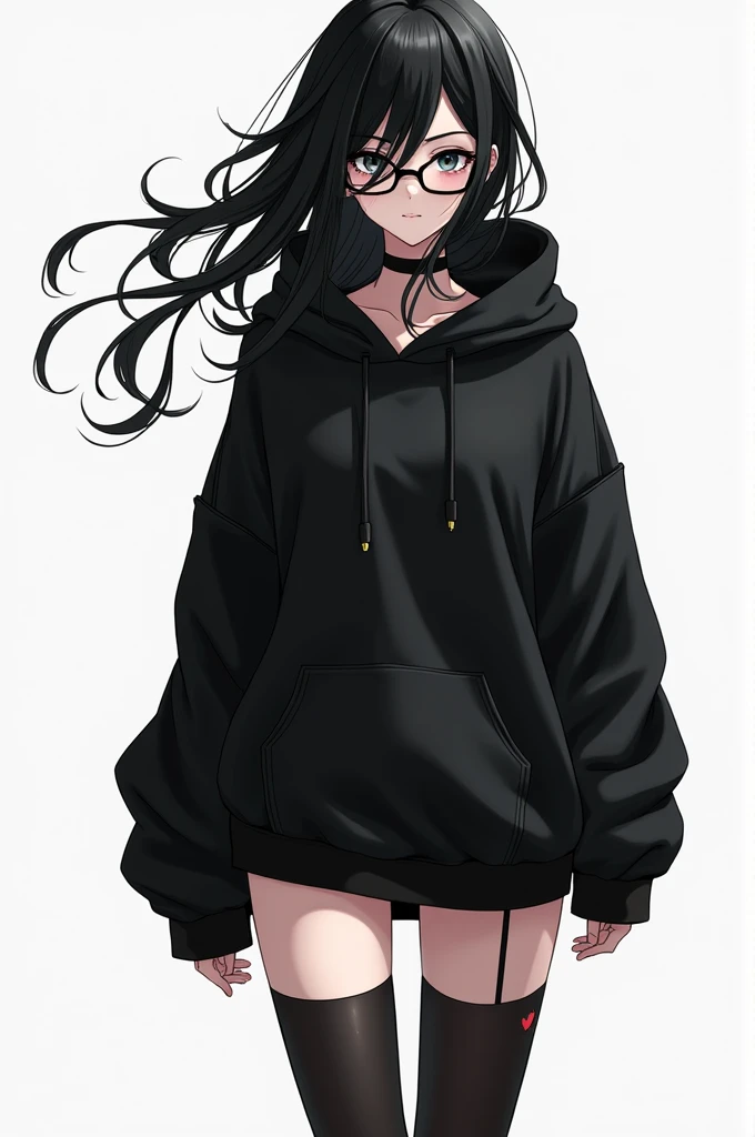 Black haired male character with femboy appearance wearing a black hoodie, long black stockings, black and anime style glasses