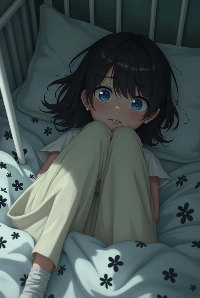 Realistic young adult girl sad and tears coming out of her eyes a lot in her bed, Whole body, WHITE POLE, cream pants, and white socks, her bed decorated with black flowers, lying horizontally