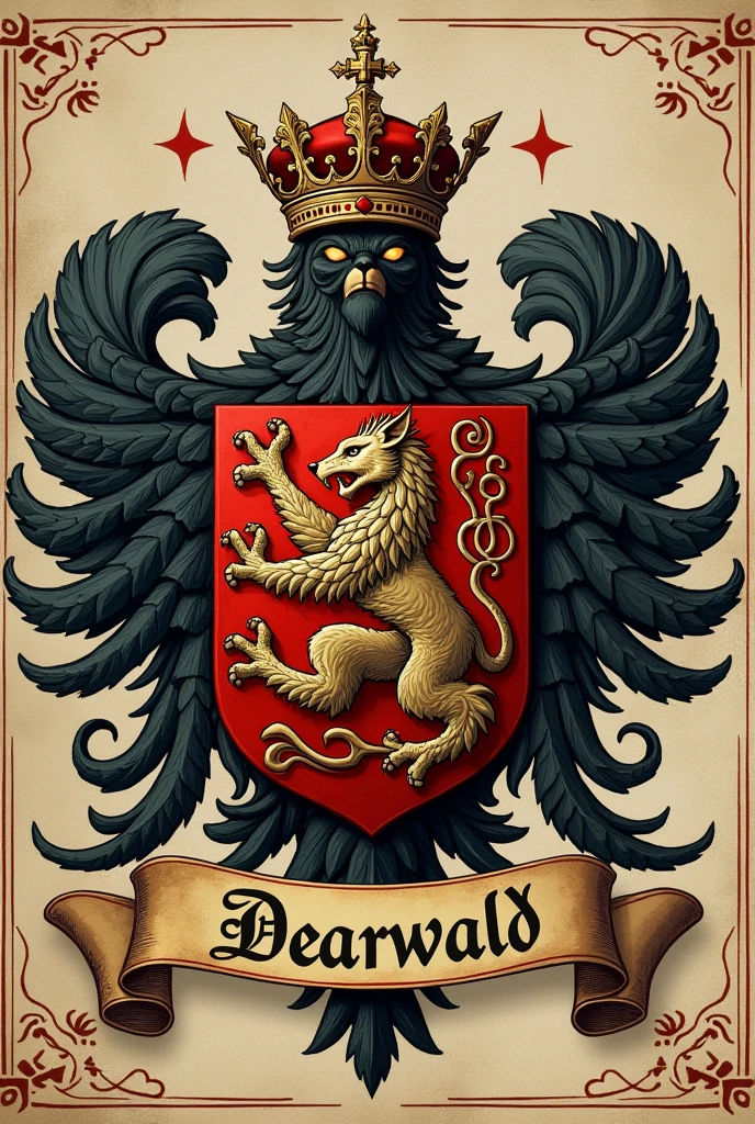 Créé un blason pour la dynastie Dearwald. C'est une puissante famille de sorciers composés d'intellectuels nés au Royaume-Uni. Ils possèdent également le titre de comte du Norfolk. Le nom Dearwald doit apparaître sous le blason dans une banderole. Pas de visage humain sur le blason.