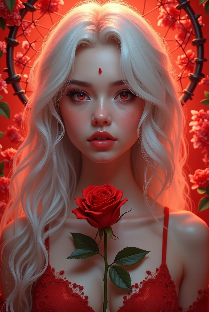 1girl, beautiful detailed eyes, beautiful detailed lips, extremely detailed eyes and face, long eyelashes, black dress, solo, looking at viewer, white hair, red eyes, holding rose, closed mouth, upper body, red dreamcatcher background, red flowers, best quality, 4k, 8k, highres, masterpiece:1.2, ultra-detailed, realistic, photorealistic:1.37, studio lighting, ultra-fine painting, sharp focus, physically-based rendering, extreme detail description, professional, vivid colors, bokeh, portraits