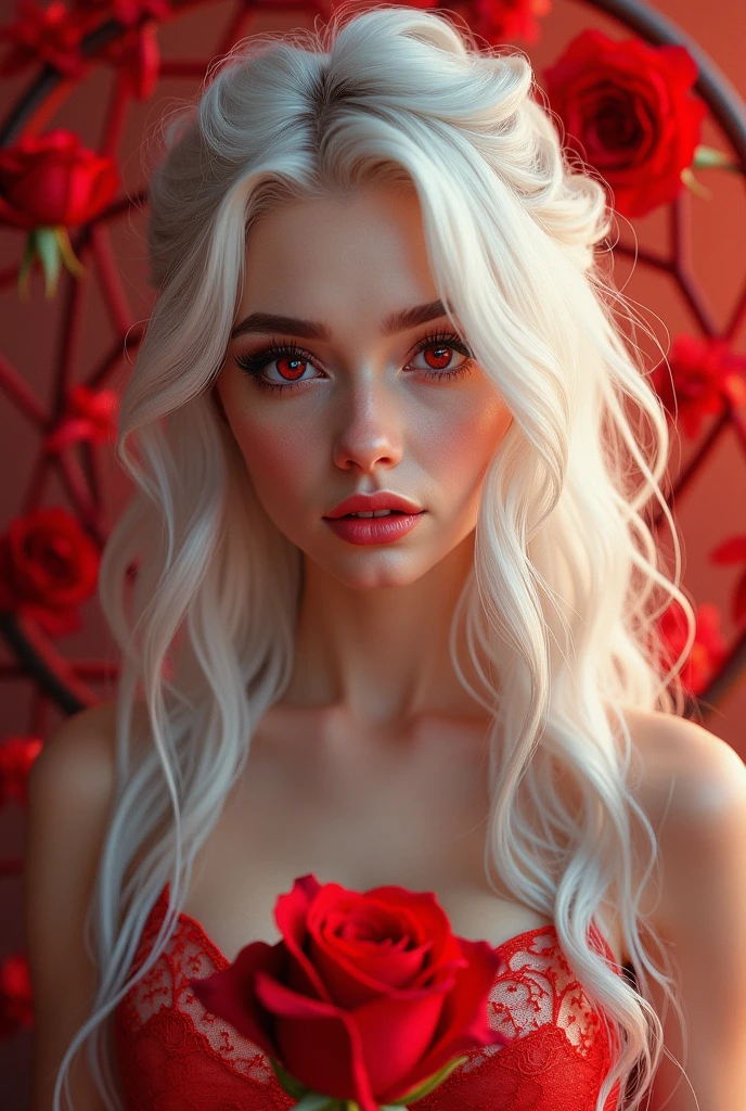 1girl, beautiful detailed eyes, beautiful detailed lips, extremely detailed eyes and face, long eyelashes, black dress, solo, looking at viewer, white hair, red eyes, holding rose, closed mouth, upper body, red dreamcatcher background, red flowers, best quality, 4k, 8k, highres, masterpiece:1.2, ultra-detailed, realistic, photorealistic:1.37, studio lighting, ultra-fine painting, sharp focus, physically-based rendering, extreme detail description, professional, vivid colors, bokeh, portraits