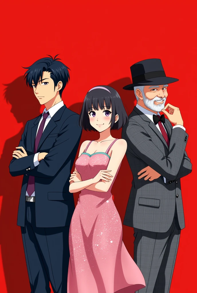 Against a bold red background、Stylish trio standing side by side. The man on the left has short black hair., Wearing a dark blue suit and tie、Arms crossed, Put on a serious expression. The woman in the center has short black hair., Wearing a sleeveless pink sequined dress, Smiling Kindly. The older man on the right、He is wearing a gray checked suit with a bow tie.。, And a black fedora, She is smiling confidently with one hand on her chin. The composition is balanced, The three figures are in semi-formal poses.Japanese、Realistic images