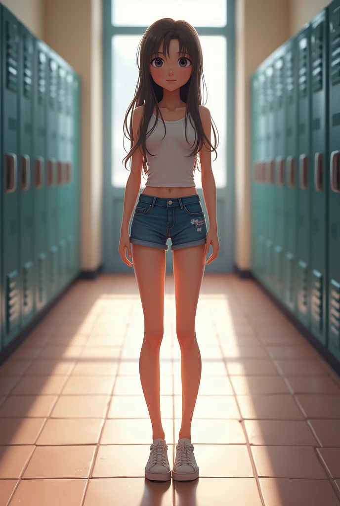 1 girl, , slender body, slender hips, tight jean shorts, standing in school hallway. 