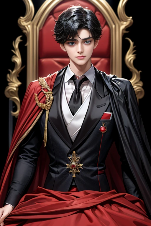 masterpiece, 最high quality, high quality, 1 boy, alone, Male focus, Upper Body,Watching the audience, Messy black hair, Adorable big blue eyes, White, Noble, Noble,A black and red cape that is bursting with sexy volume、Tuxedo、A very voluminous, large, very large, very large, long, long red and black cape with a high stand-up collar, made of a lot of fabric that reaches down to the floor., ,cute beautiful,Cute, cute, kind, handsome guy