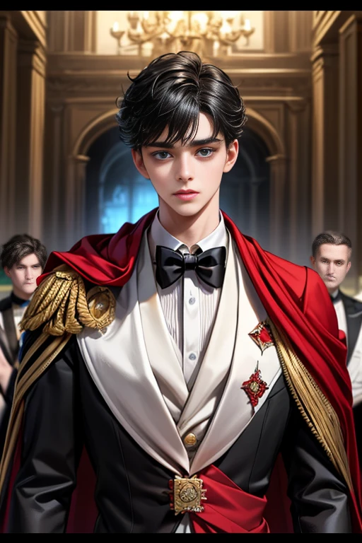 masterpiece, 最high quality, high quality, 1 boy, alone, Male focus, Upper Body,Watching the audience, Messy black hair, Adorable big blue eyes, White, Noble, Noble,A black and red cape that is bursting with sexy volume、Tuxedo、A very voluminous, large, very large, very large, long, long red and black cape with a high stand-up collar, made of a lot of fabric that reaches down to the floor., ,cute beautiful,Cute, cute, kind, handsome guy