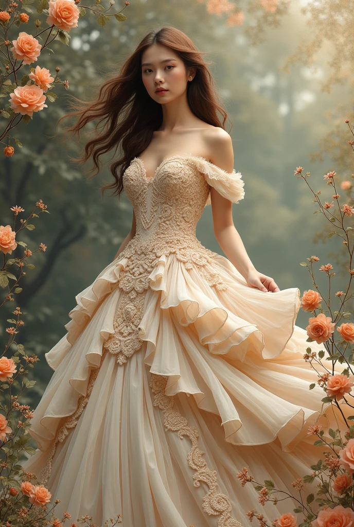 oh,your beautiful woman,wearing an elegant dress,mahogany brown hair, hyperdetailed gown, thank you for the beautiful photos, Spring scenery, Surreal ink Art on aged paper, Tear_paper_Art; Stunning and unique creation. perfect composition. detailed. 8K resolution.