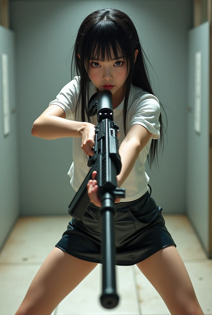 real beautiful sweet big eyes high school japanese white shirt latex low mini skirt standing stance legs open wide spreading full portrait holding rifle gun pointing at you front facing aiming at you shooting range sexy legs
