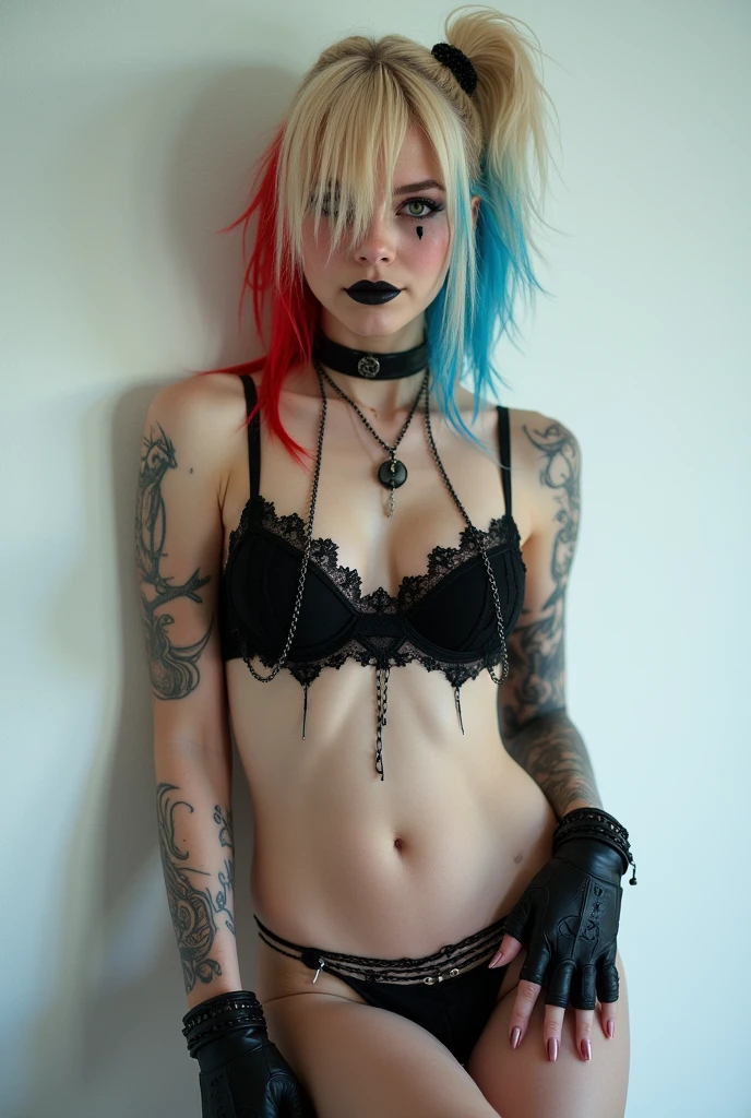 (raw photo, Best Quality), Cute cursed girl with blonde hair, (blonde), (hair over one eye), (white background), high light, Very dark eyeliner, jinxlol, Nice smile, beautiful face , charming, punk, way there, , young looking, hyper detailed face, detailed skin, dark heavy eyeliner, (huge oversized ), (Thin waist, slender, skinny), ((naked,s, pinkles, sexy)),eXL,, ((l against the wall)), (((black sexy underwear)), exposeddomen, tattoos, ((navel piercing)), ((navel piercing)), (thigh belt), leather arm sleeves, ((many hip chains)), ((rock hard abs)), put weight on one leg, Perfect eyes, pale skin, wet skin, ((Hair blue and red, blue and red)) (((harley quiin, harley quin))) white solid background, makeup