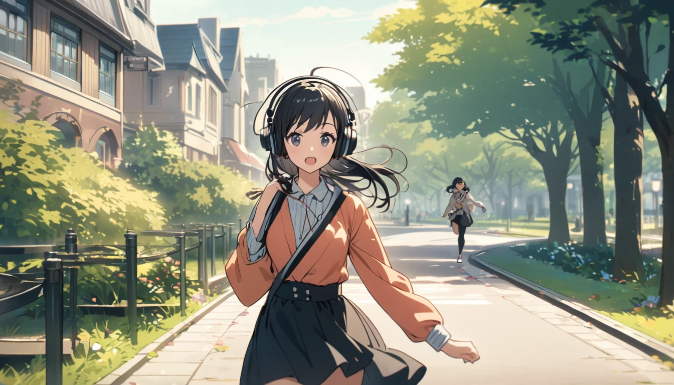 A woman with black hair and cute clothes running in the park,Streetscape、Listening to music with headphones、Japanese