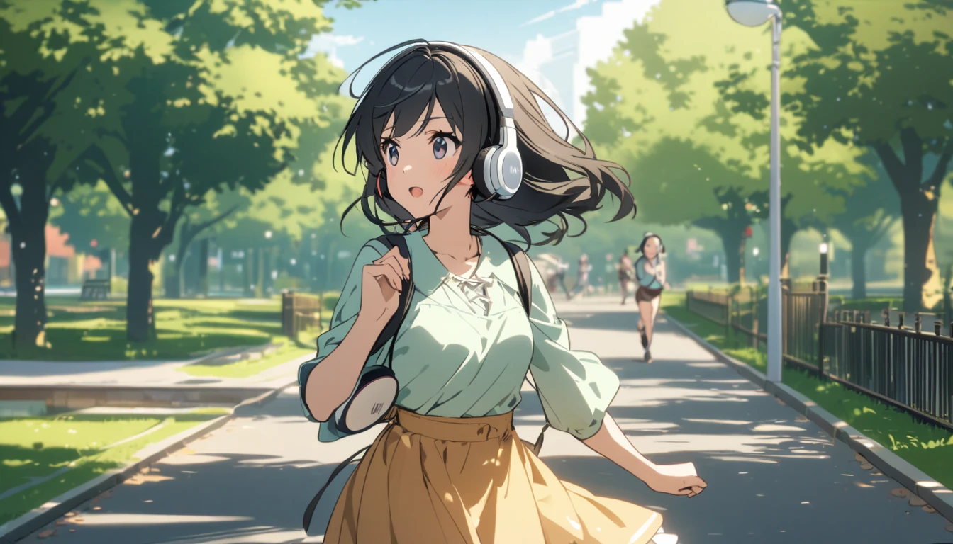 A woman with black hair and cute clothes running in the park,Streetscape、Listening to music with headphones、Japanese