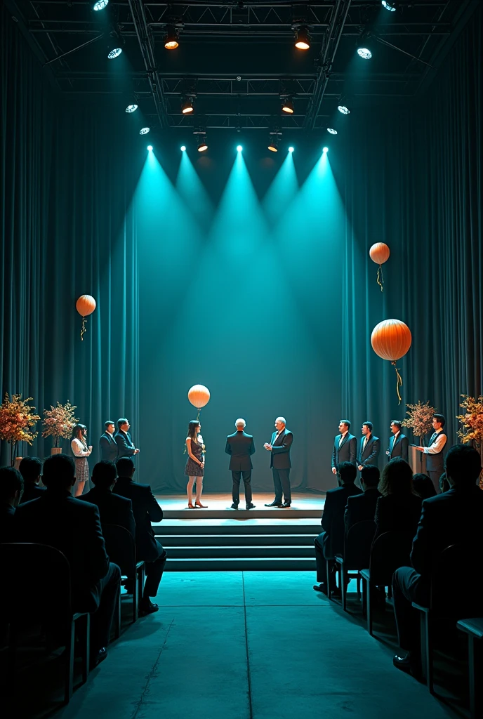 a classy and elegant high end school broadcast podcast opening ceremony, dark colors including teal, black , and grey. balloons, ribbons and lights