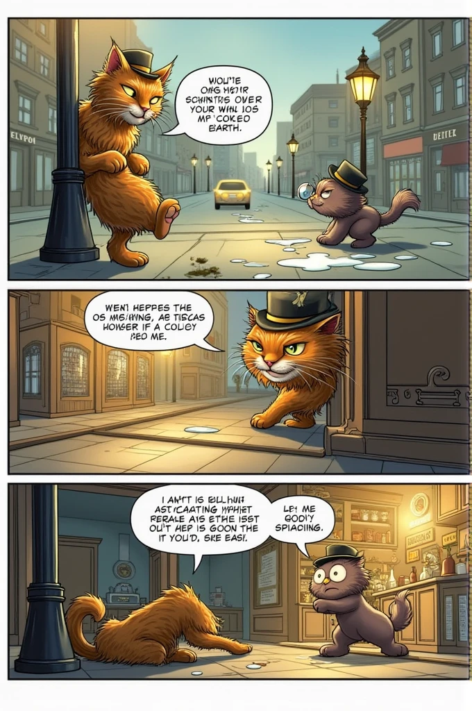 Panel 3:

Setting: The street again. Macavity is leaning against a lamppost, looking innocent. Text Bubble (Macavity): "Did someone say something about a missing vase?"

Panel 4:

Setting: Inside a kitchen, where a bowl of milk is spilled. A detective cat is examining the scene with a magnifying glass.

Text Bubble (Detective Cat): "No clues. No evidence. Just the cat's usual mischief."

Panel 5:

Setting: Macavity is back in the shadows, tipping his hat and smirking.

Text Bubble (Macavity): "You can search high and low, but you'll never catch me!"