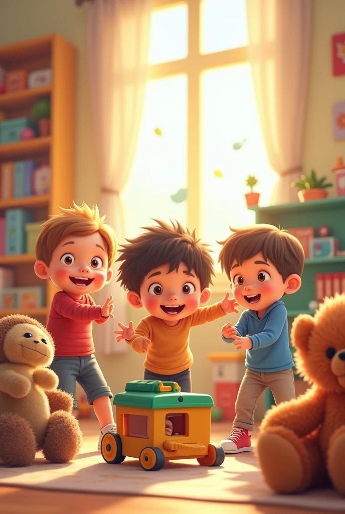 create a banner with children playing and having fun, and with several toys, the most realistic and with the best possible quality with 1024 x 576 pixels