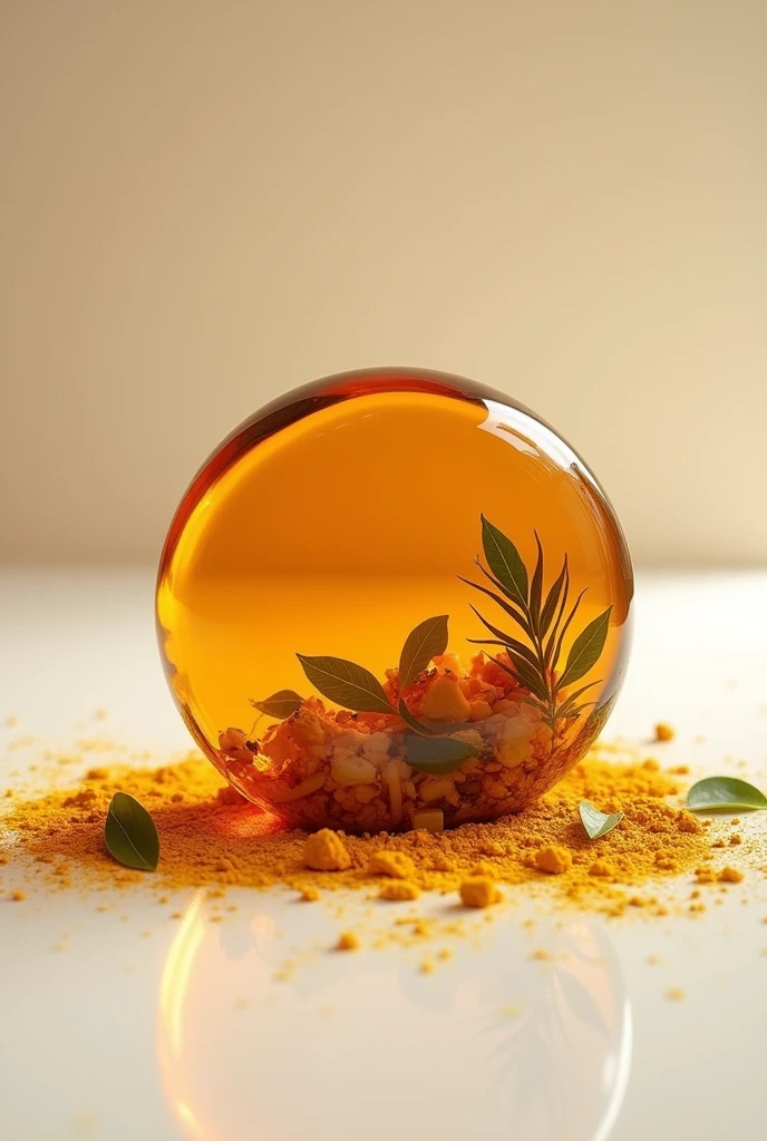 Make a transparent copper-colored soap shape, round shape, with kaffir lime leaves, coconut, rice milk, and turmeric.