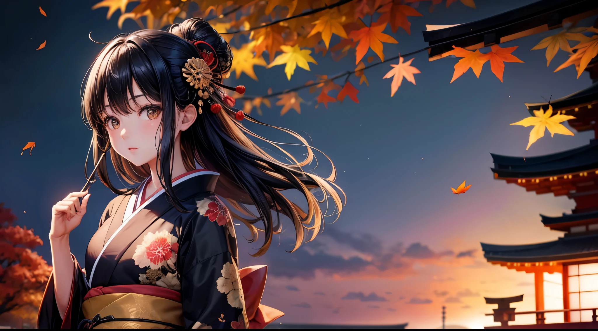 One Girl, Black Hair, Brown eyes, Wear a beautiful Japanese kimono, autumn leaves, Kyoto, night, High resolution, Ultra Sharp, 8k, masterpiece, View your audience