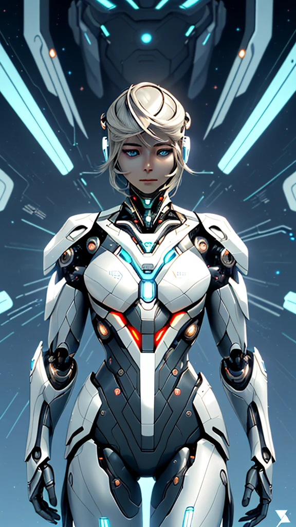 Create with futuristic and semi-realistic style. Show an artificial intelligence humanoid named Nova, with an elegant and almost human appearance. It must have a modern design, with a smooth metallic skin and illuminated details that suggest advanced technology. Nova is in a contemplative pose, with a thoughtful and expressive look, in a futuristic setting with high-tech elements and a background that mixes city lights and circuits. The cover should convey a sense of mystery and introspection, reflecting Nova's journey of self-discovery.