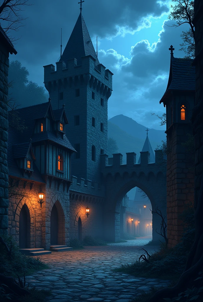 Game background - menu anime fantasy cartoon medieval without people castle courtyard ominous scary evil