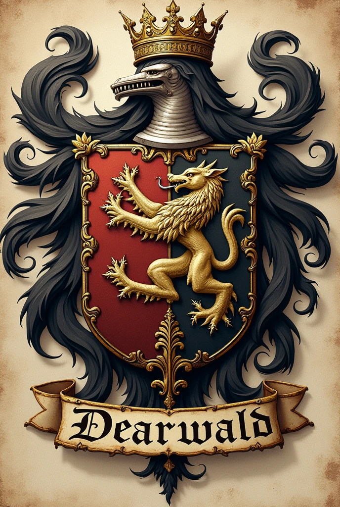 Créé un blason pour la dynastie Dearwald. C'est une puissante famille de sorciers composés d'intellectuels nés au Royaume-Uni. Ils possèdent également le titre de comte du Norfolk. Le nom Dearwald doit apparaître sous le blason dans une banderole. Pas de visage humain sur le blason.