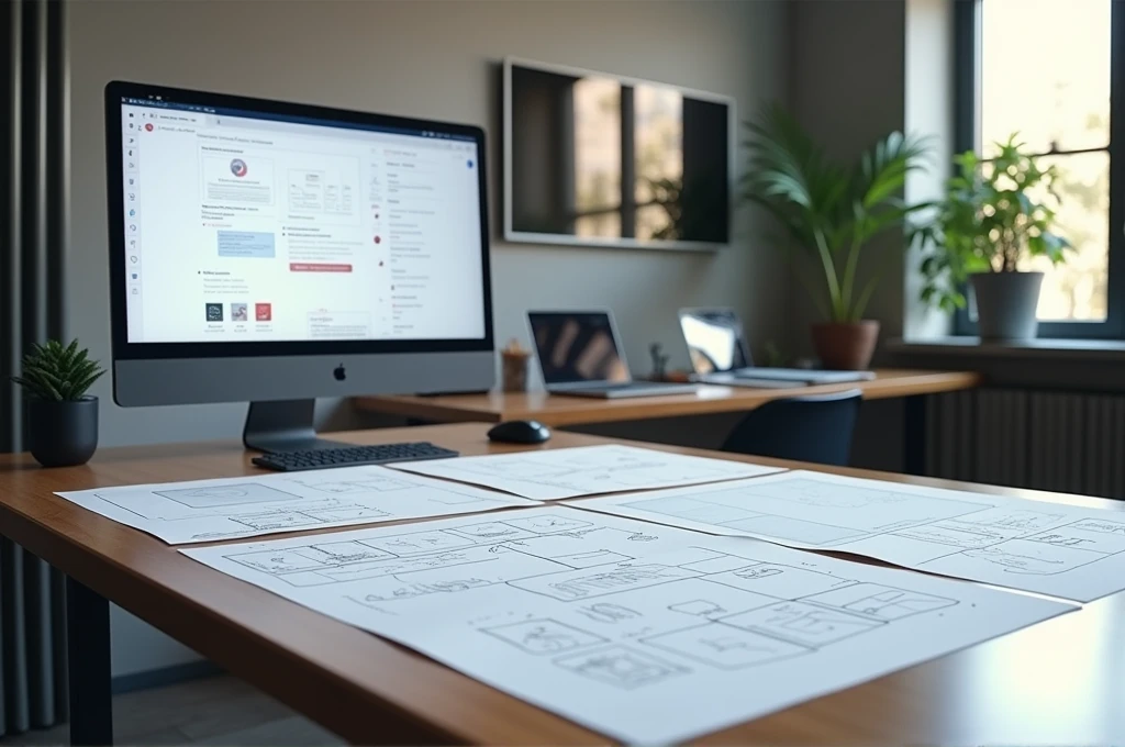 A table with wireframe sketches of screens by a UXer Designer and a DELL computer with a prototype being made on the screen. Do not place people in the image. High resolution image, 4k.  