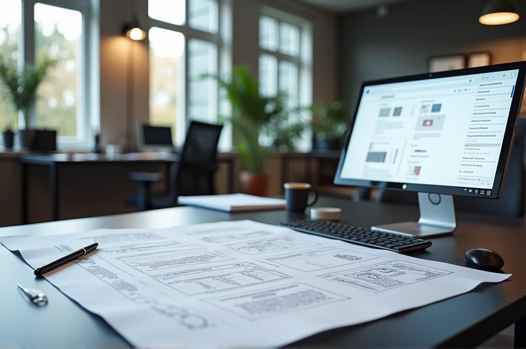 A table with wireframe sketches of screens by a UXer Designer and a DELL computer with a prototype being made on the screen. Do not place people in the image. High resolution image, 4k.  