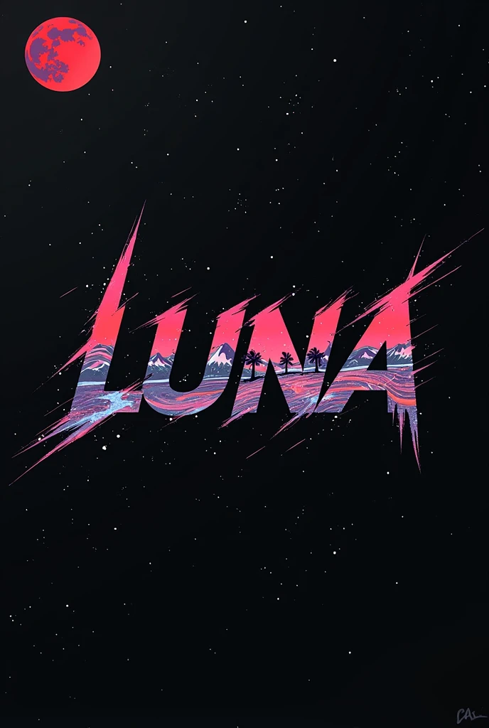 High resolution, logo spelling swiftly “Luna” cool, Jdm theme, anime theme, Cyberpunk vibe name spelling, brand logo, logo for tshirt, brand logo “LUNA”, neon vibes, acid trip vibes, acid trip, shooting stars, acid trip inside “LUNA”, acid trip, hallucinations inside “LUNA”, Waves of hallucinations, splash, waves of futuristic hallucinations, futuristic wave, stars in the background, red strange moon, waves of water and lone black trees, silver red stardust,