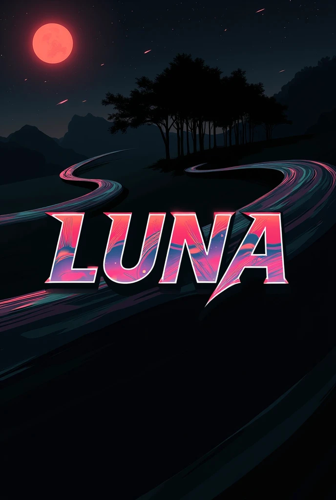 High resolution, logo spelling swiftly “Luna” cool, Jdm theme, anime theme, Cyberpunk vibe name spelling, brand logo, logo for tshirt, brand logo “LUNA”, neon vibes, acid trip vibes, acid trip, shooting stars, acid trip inside “LUNA”, acid trip, hallucinations inside “LUNA”, Waves of hallucinations, splash, waves of futuristic hallucinations, futuristic wave, stars in the background, red strange moon, waves of water and lone black trees, silver red stardust,
