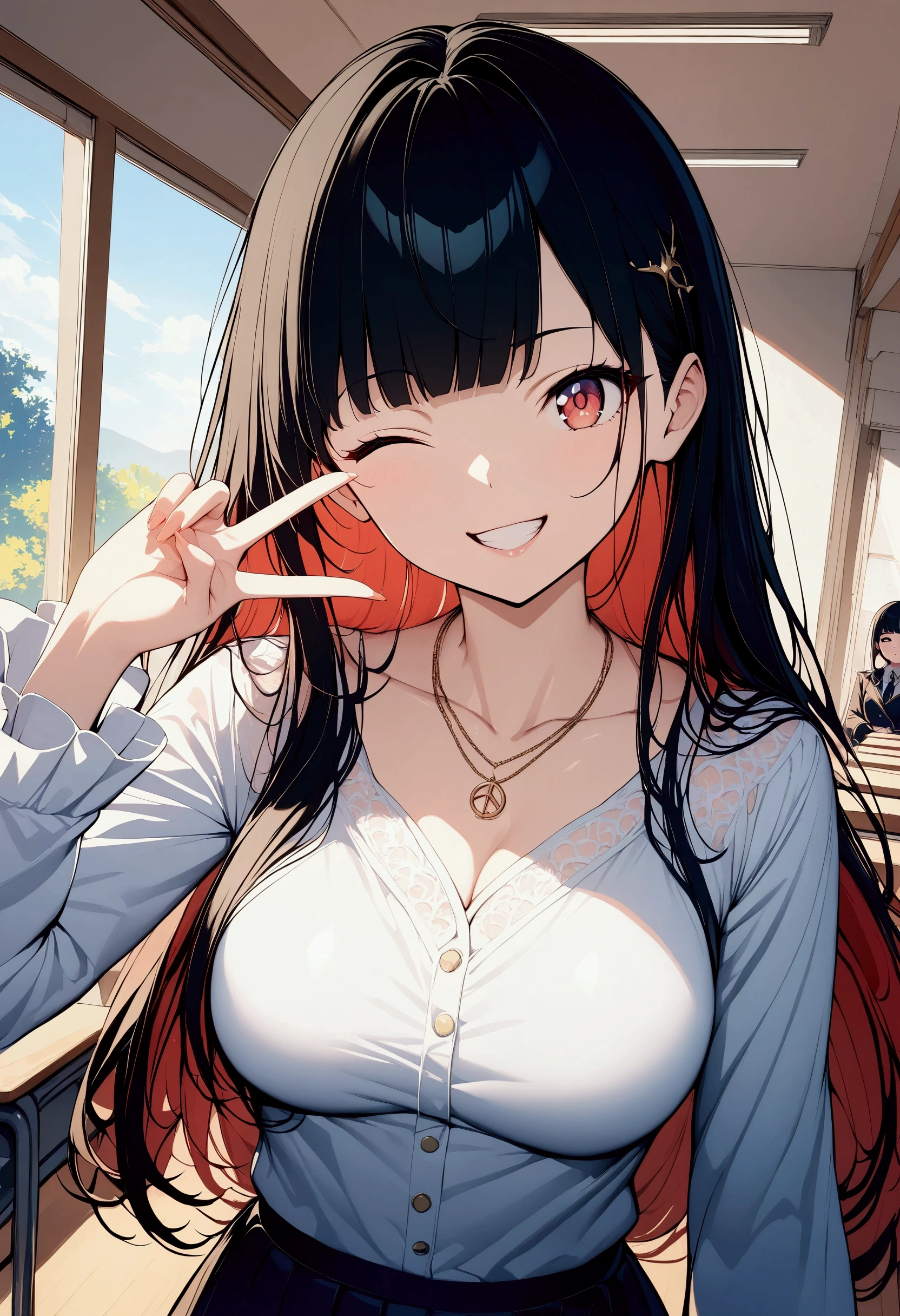 (((anime))) A woman with one eye closed,Gal,Long Hair,(Black Hair),Diagonal bangs,necklace,smile,Showing teeth,Red eyes,Big eyes,uniform,Volume sleeve,peace sign,classroom,sunlight,masterpiece,Highest quality,Exquisite,8k,Absurd,Ultra-fine illustrations,(View your viewers)