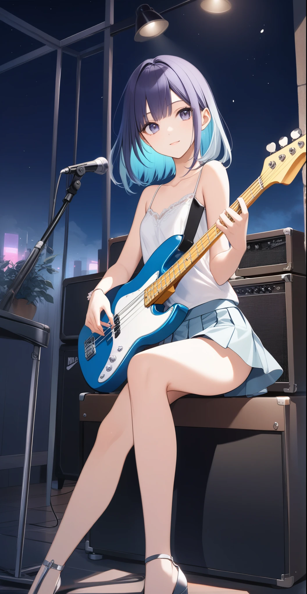 one, cute girl、((camisole、skirt、Silver Accessories)、(He is playing the bass guitar with his legs crossed)、(She is wearing a bra and low-rise panties as a setting.)、(Indigo hair color、Pale pastel colored inner hair style、Long bangs down to the shoulders、Stylish hairstyle、 Beautiful Hair), Facial Contour, Remember, one's home,sofa、Lens flare,Natural Color, High resolution, Very delicate, Very detailed, 8k、(smile)