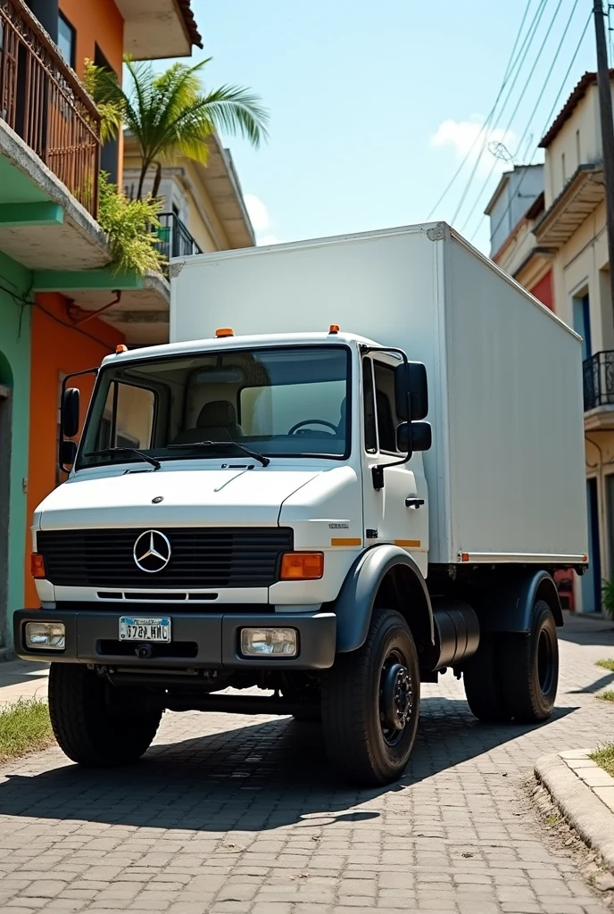 Make a picture of a white Brazilian Mercedes Bens 710 truck, with open body, year 2010 style Brazil