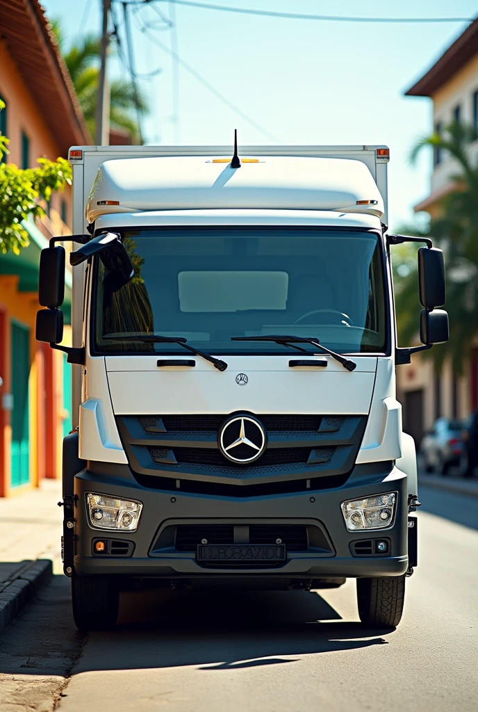 Make a picture of a white Brazilian Mercedes Bens 710 truck, with open body, year 2010 style Brazil