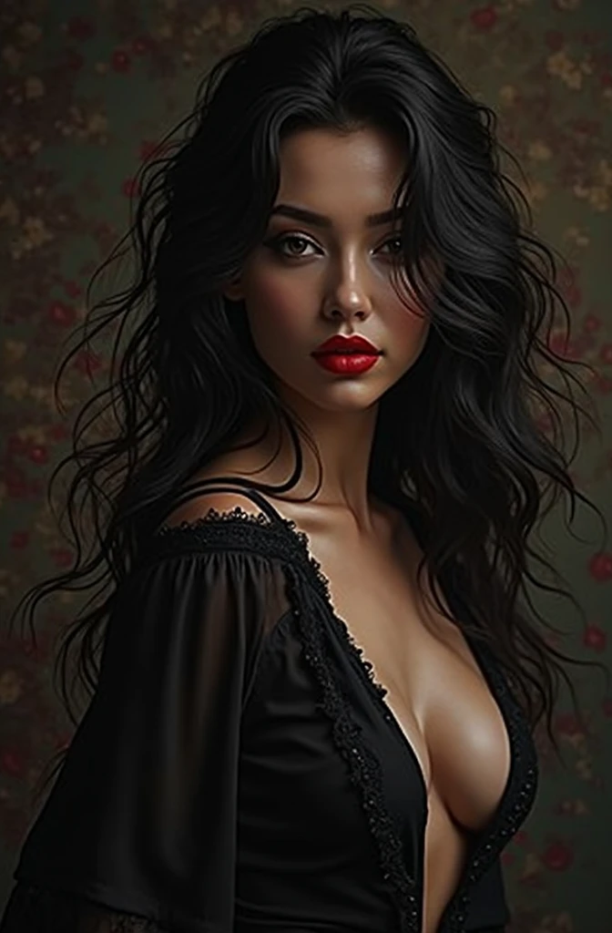 a beautiful femme fatale with long flowing hair, hyperrealistic portrait, highly detailed, intricate facial features, piercing eyes, luscious lips, porcelain skin, elegant expression, dramatic lighting, cinematic composition, rich color palette, masterfully painted, (best quality,4k,8k,highres,masterpiece:1.2),ultra-detailed,(realistic,photorealistic,photo-realistic:1.37)