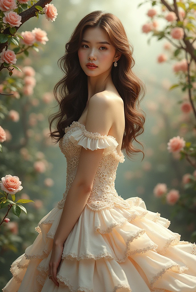 oh,your beautiful woman,wearing an elegant dress,mahogany brown hair, hyperdetailed gown, thank you for the beautiful photos, Spring scenery, Surreal ink Art on aged paper, Tear_paper_Art; Stunning and unique creation. perfect composition. detailed. 8K resolution.