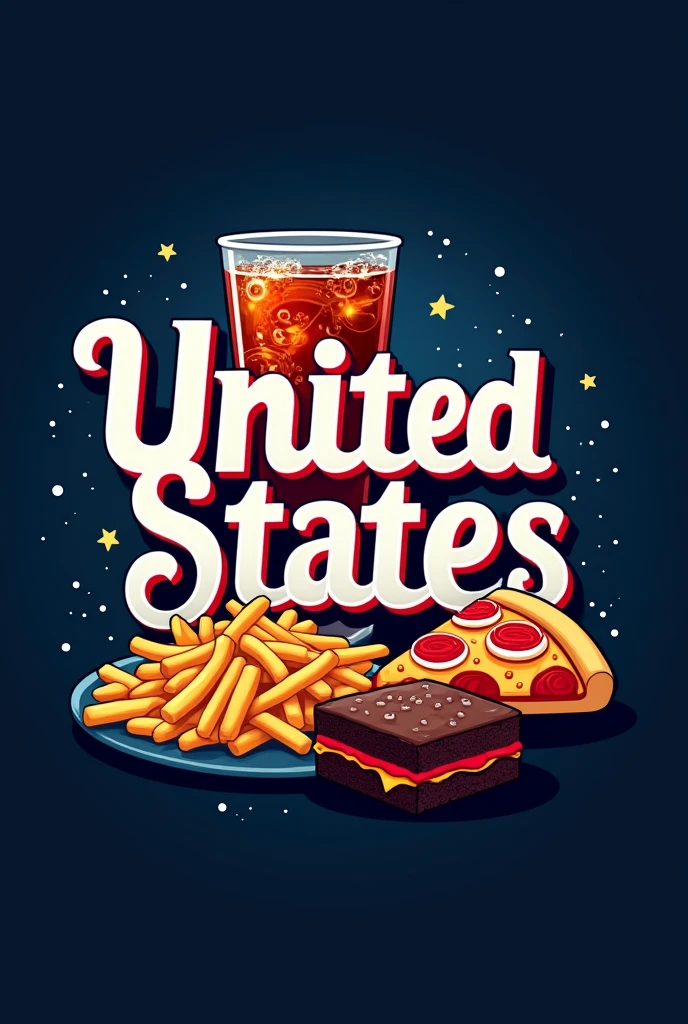 A logo with a dark blue background, in the center the name UNITED STATES, in white Helvetica font with red outline, a delicious slice of pizza, on the right a glass of soda with bubbles, below the text a portion of golden fries and brownie