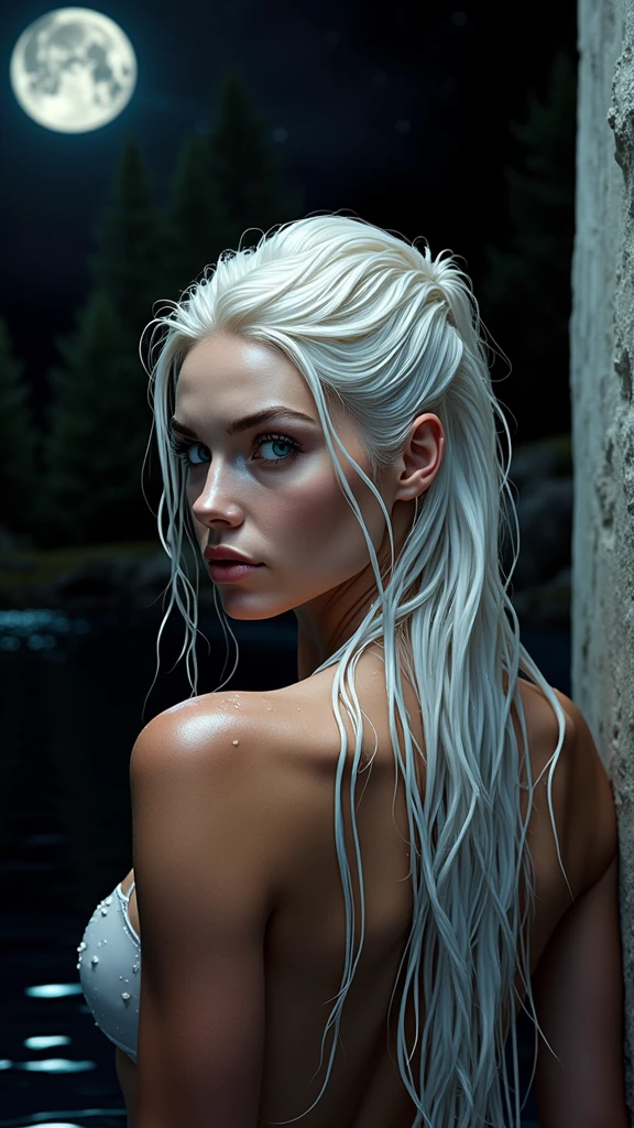 A breathtaking, editorial-quality image of a stunning Nordic woman bathing nude in a tranquil lake under the moonlight. She stands with her back to the viewer, her robust, amazonian physique on full display. As she looks over her shoulder, her piercing blue eyes meet the viewer's gaze, adding a sense of allure and confidence.
Her tall, powerful frame is both muscular and graceful, with a large, shapely buttocks and perfectly proportioned breasts that highlight her strength and beauty. Her long, white hair cascades down her back, illuminated by the moonlight and adding an ethereal quality to her appearance.
The soft, pale glow of her skin contrasts beautifully with the dark, reflective water of the lake, accentuating the flawless contours of her powerful body. Droplets of water glisten on her smooth skin, emphasizing the natural beauty and athleticism of her form.
The scene is set against a serene, moonlit night with a detailed, realistic background. The VFX and lighting create a magical atmosphere, capturing every detail of her robust, amazonian physique and the tranquil setting. The image blends beauty, strength, and serenity, resulting in a visually stunning and evocative portrait."