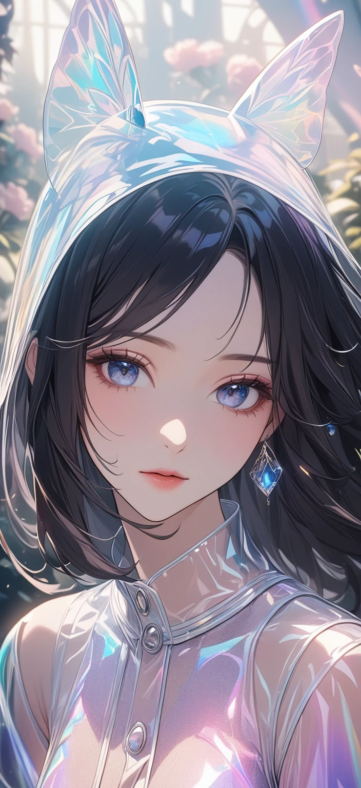 1girl, solo, surreal scene, detailed face, detailed eyes, detailed hair, detailed clothing, intricate details, magical realism, dreamlike, ethereal, whimsical, cinematic lighting, beautiful color palette, soft focus, dramatic shadows, dramatic highlights, volumetric lighting, atmospheric, mystical, fantastical, vibrant colors, detailed textures, seamless, masterpiece, best quality, transparent color PVC clothing, transparent color vinyl clothing, prismatic, holographic, chromati caberration