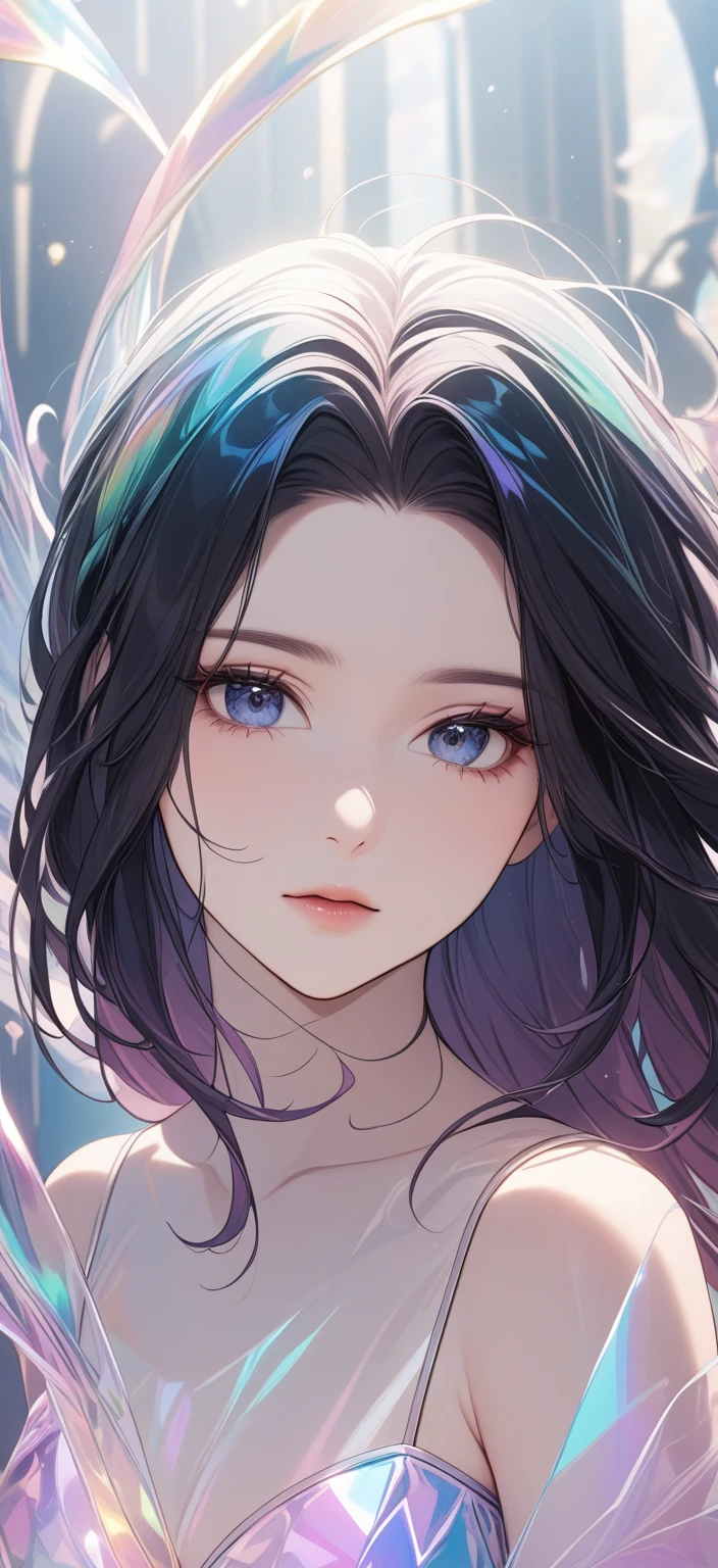 1girl, solo, surreal scene, detailed face, detailed eyes, detailed hair, detailed clothing, intricate details, magical realism, dreamlike, ethereal, whimsical, cinematic lighting, beautiful color palette, soft focus, dramatic shadows, dramatic highlights, volumetric lighting, atmospheric, mystical, fantastical, vibrant colors, detailed textures, seamless, masterpiece, best quality, transparent color PVC clothing, transparent color vinyl clothing, prismatic, holographic, chromati caberration